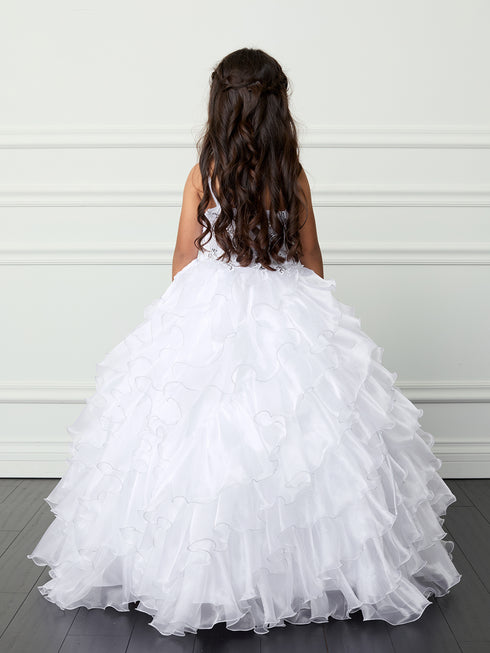 Girls Ruffled Organza Skirt & Floral Embroidery Communion Dress 7-18